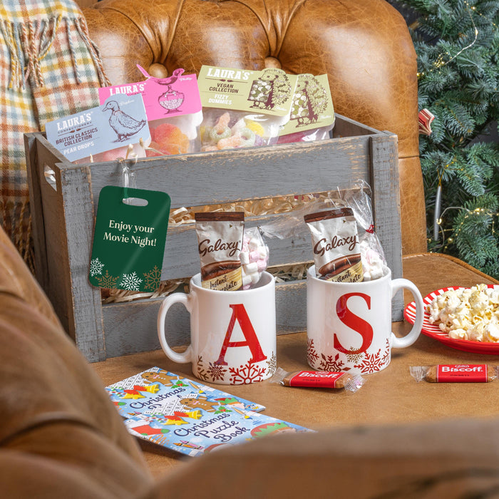 Personalised Christmas Night In Crate Perfect family Gift Set With Your Choice of Christmas Mugs & Tag